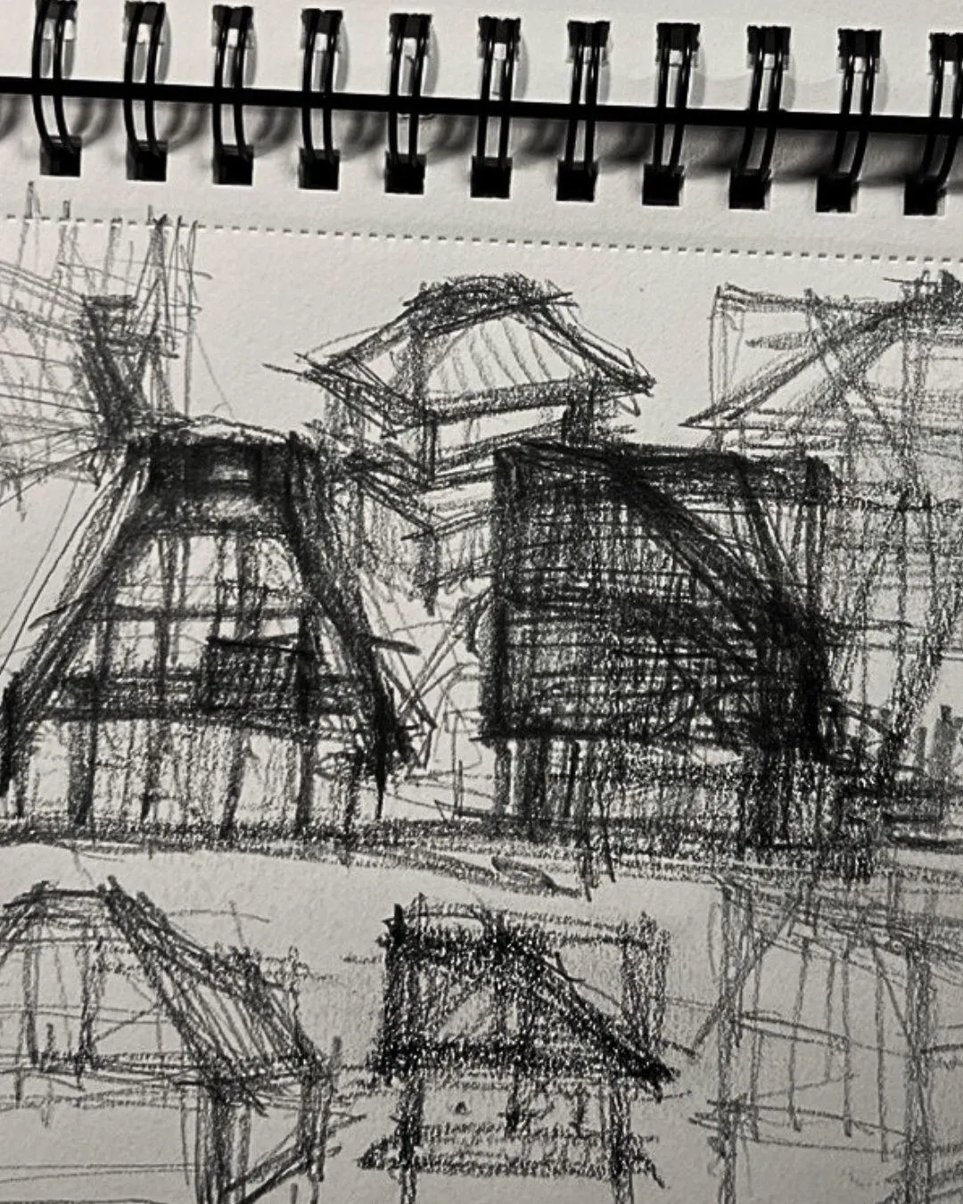 Architect's pencil sketches of the forest houses