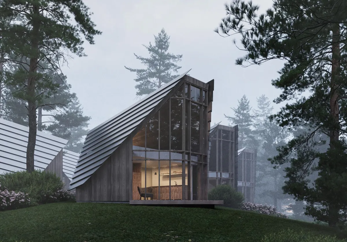 Timber and glass house among pines