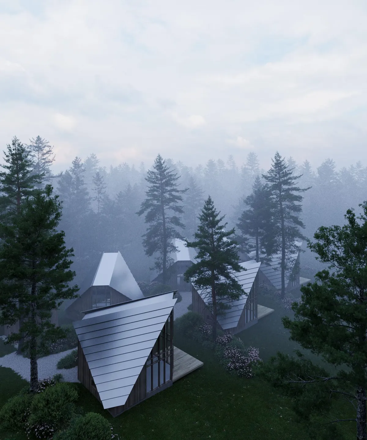 Angular forest houses in morning mist